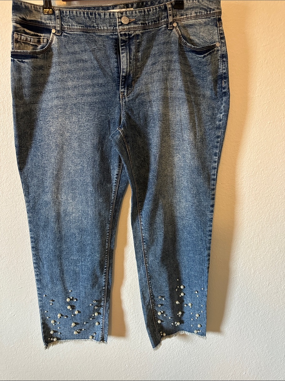 Pearl-Embellished Ankle Denim Jeans - Blue